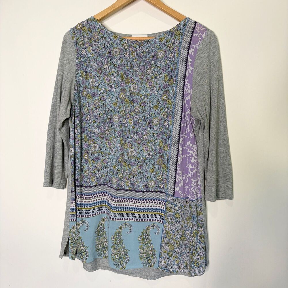 J. Jill 3/4 Sleeve Gray Tunic Purple Blue Paisley Scarf Style Front Women Small